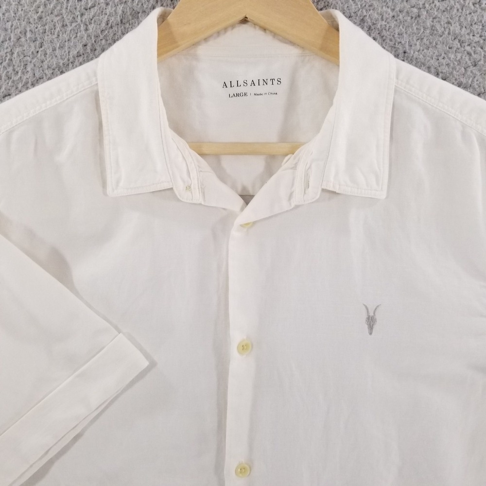 AllSaints Shirt Mens Large White Linen Blend Hermosa Camp Short Sleeve Button-Up